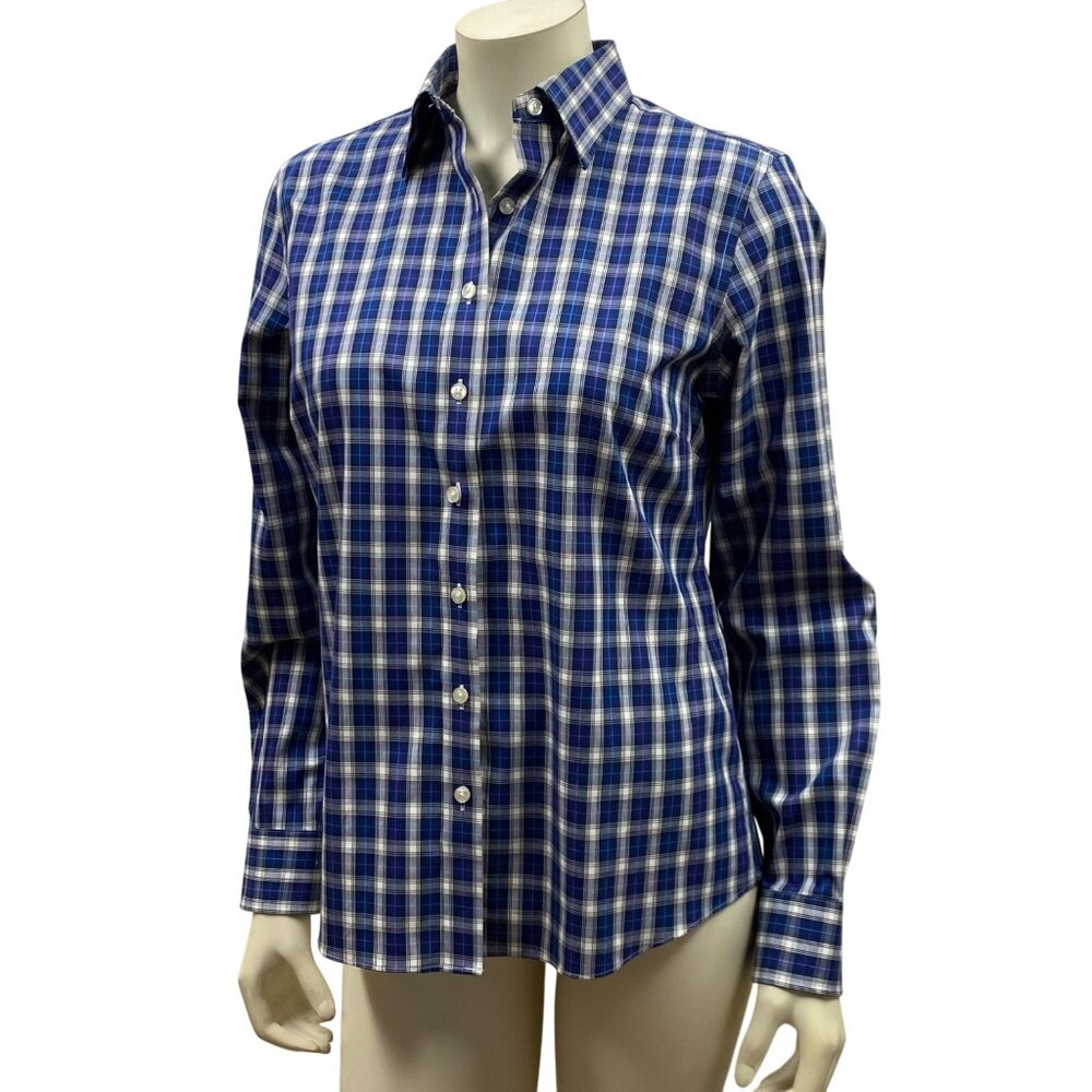 Lands End Womens Blue Plaid No Iron‎ Pinpoint Oxford Shirt Size 8